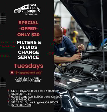 Oil change and filters and fluids service in Los Angeles at Fast Tire Shop with special $20 offer