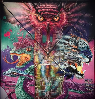 une fresque graffiti avec une serpent une chouette un jaguar et un totem