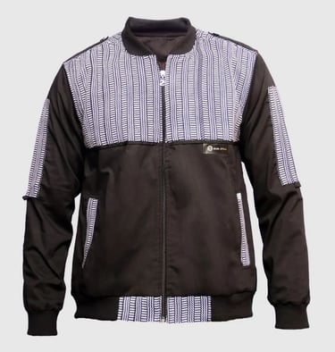 bomber noir artisanal avec tissu tissé blanc et noir sur épaules manches et poches
