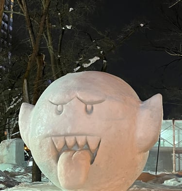 a large snow sculpture of ghost boo in yuki matsuri sapporo hokkaido japan