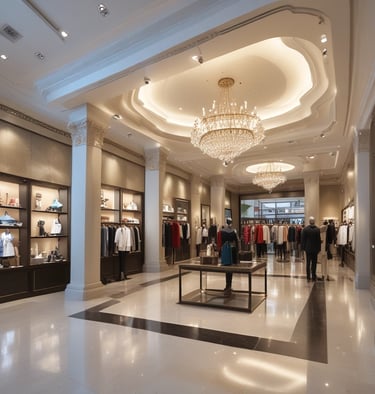 A modern retail store interior featuring shelves stocked with various merchandise including toys, figurines, and colorful boxes. The design includes sleek black counters with a gaming-themed logo, illuminated geometric light fixtures on the ceiling, and wooden flooring. Artwork and apparel are displayed on the walls, providing a vibrant and organized shopping environment.