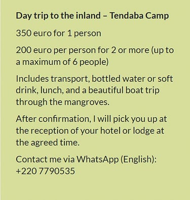 Flyer day trip to the inland – Tendaba Camp in Gambia. Price €350 for 1 person or €200 per person fo