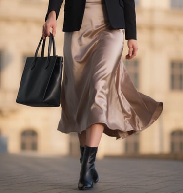 Close-up of a champagne satin skirt and black pointed-toe boots walking on a city street