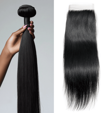 A side-by-side image displaying an example of the Jet Black Straight Bundle & Closure Deals.