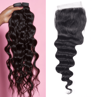 A side-by-side image displaying an example of the Natural Brown Loose Curly Bundle & Closure Deals.