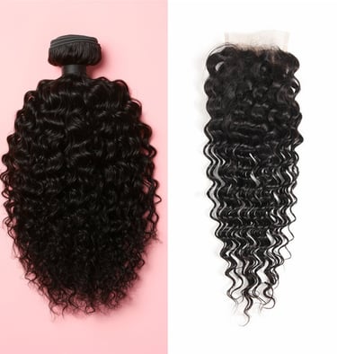 A side-by-side image displaying an example of the Natural Brown Tight Curly Bundle & Closure Deals.