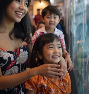 A smiling mother and two young children looking excitedly through a glass window display at a museum.