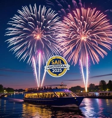 A boat cruises through Amsterdam canals during the SAIL Amsterdam 2025 fireworks display.