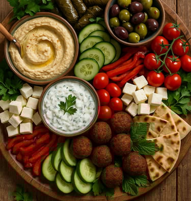 a plate of food with a bowl of dips and dipers
