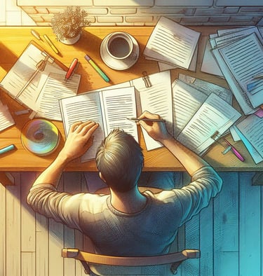 Illustration of a writer sitting at a table analyzing the manuscripts of his book