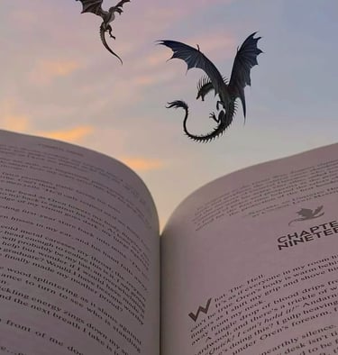 A person reading a book while dragons fly in the sky