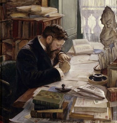 Painting of a nineteenth-century man reviewing papers