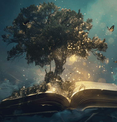 Magic illustration of a tree sprouting inside a book