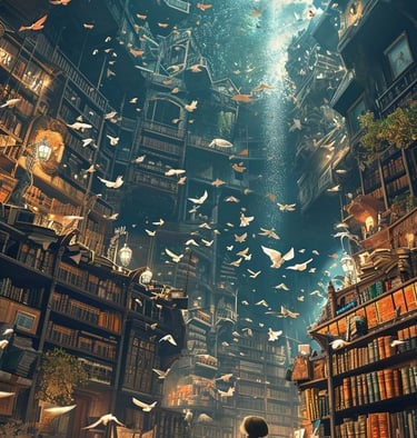 A girl entering a magical library with thousands of books and hundreds of paper birds flying