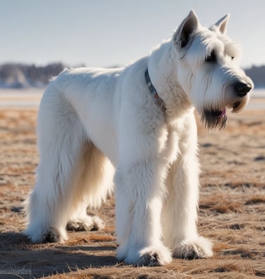 A stylish Polar White Giant Schnauzer in a black and white setting.