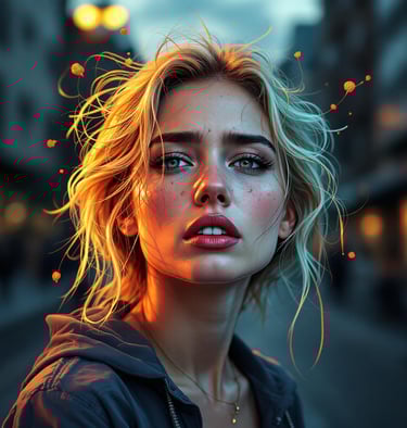 a woman with blonde hair and a hoodie