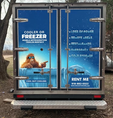 Back doors of a Cool Guy Coolers trailer used for emergency cold storage during power outages