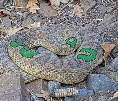 Photo of rattlesnake curled up with a green overlay highlighting the unique markings on the snake