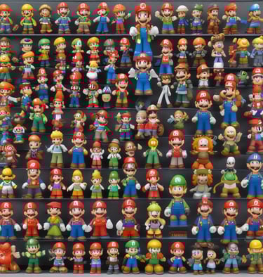 A collection of superhero action figures and collectibles displayed on a shelf. The figures are dressed in various colorful costumes, and the backdrop includes comic book covers featuring dynamic art. A small toy car and a mini figurine of a character in a trench coat decorate the scene.