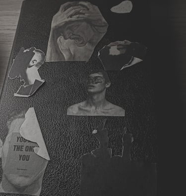 Collage surrealista en blanco y negro sobre cuaderno negro.