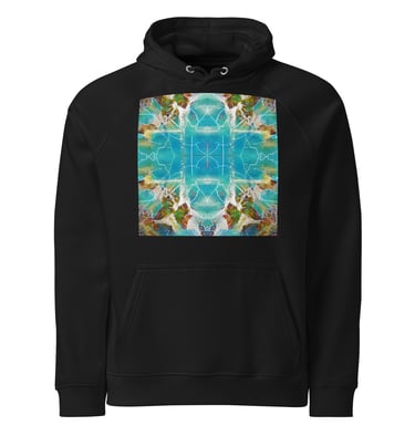 a black and white hoodie with a blue and green pattern