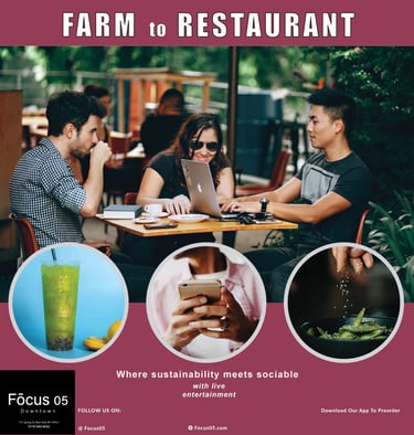 Three people dining outdoors, with images of a drink, phone, and food prep below. Text: "FARM to RESTAURANT" and "Focus 05."
