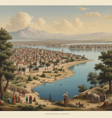 A scenic view of a town with traditional Ottoman architecture, featuring red-roofed houses and green trees. The prominent structures include two mosques with minarets, nestled among the other buildings. The background shows a lush landscape of rolling hills and forests.