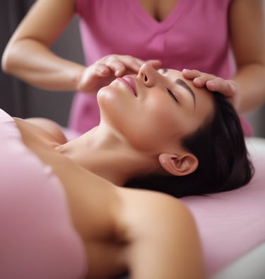 A variety of spa and skincare items are arranged aesthetically, including jars of cream, bars of soap, a glass jar filled with honey, and pink salt displayed in a small bowl. Dried herbs and smooth black stones enhance the natural and calming theme.
