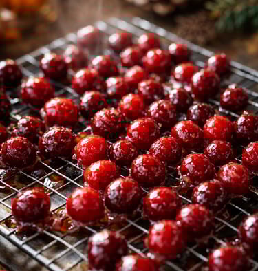 Sticky cooled cranberries ready for sugar coating