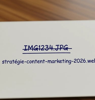 Un mauvais nom d'image barré au dessus d'un nom correct d'image SEO.