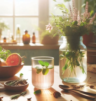 a jar and glass with a herbal tonic on a table near a window with sun shining in