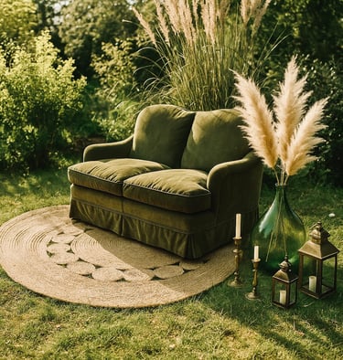 Canapé vintage vert en velours sur tapis en jute, décoré de pampas, bougeoirs et lanternes pour coin