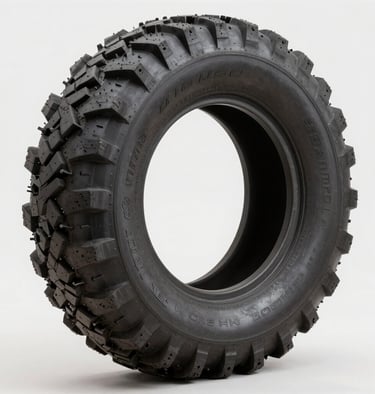 Close-up of a rugged all-terrain tire on a gravel road