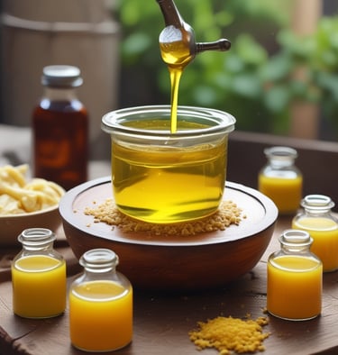 A collection of natural food products displayed on a wooden table.