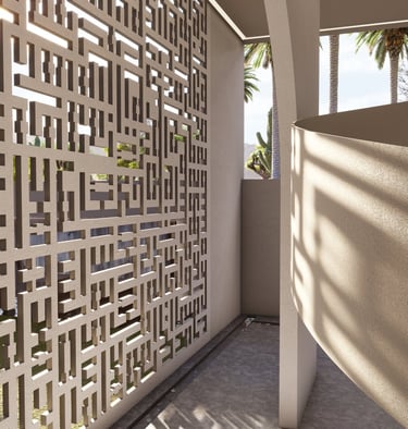 Glazed corridor overlooking courtyard