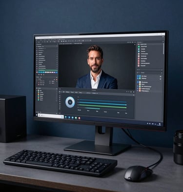 A sleek digital workstation in a South American / Brazilian design studio, featuring a large monitor displaying a professional profile, aesthetic lighting in dark slate blue.