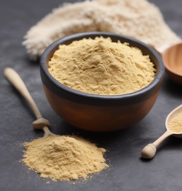 Close-up of finely roasted kinako powder in a wooden bowl with a bamboo scoop.
