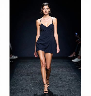 A high-fashion action shot of a model walking a runway in North American / US, with dramatic lighting creating a bold contrast against a dark navy background.