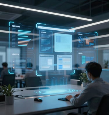 A wide, cinematic shot of a conceptual digital workspace showing holographic projections of UX wireframes. Highly professional and futuristic. Uses #2D3A4B and #E6EFF5.