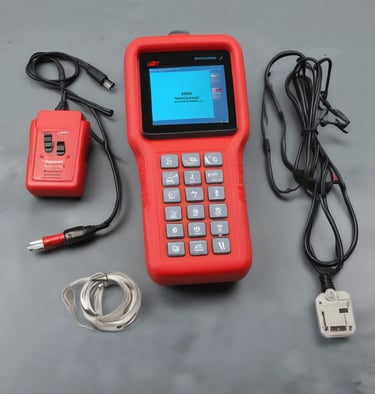 Close-up of a sleek OBD2 scanner plugged into a car dashboard glowing with electric blue accents