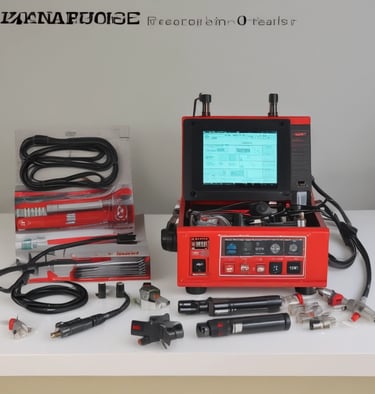 Close-up of a sleek OBD2 scanner plugged into a car dashboard glowing with electric blue accents