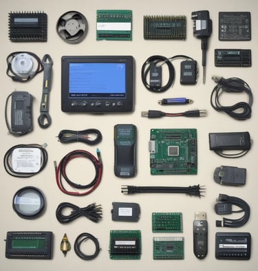 Close-up of a sleek OBD2 scanner plugged into a car dashboard glowing with electric blue accents