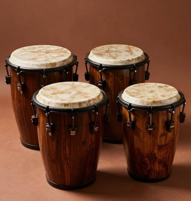 Artistic shot of rhythm percussion instruments made of dark wood, warm terracotta lighting and shadows.