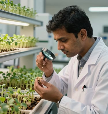 A professional South Asian / Indian agrarian scientist in a modern bright agricultural research laboratory, examining premium quality sprouted seeds with a magnifying glass. The background features pristine trays of young green shoots. Warm, natural side lighting, earthy green tones.