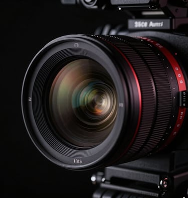 Cinematic editorial close-up of a high-end cinema camera lens, sharp focus, dramatic studio lighting with subtle crimson highlights, deep black background