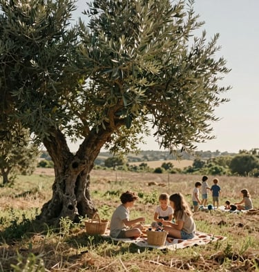 A family picnic under a large olive tree in an Iberian field, children playing in the background, warm light and natural cinematic style.