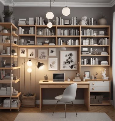 A cozy, well-organized bedroom with neatly arranged shelves and storage boxes.