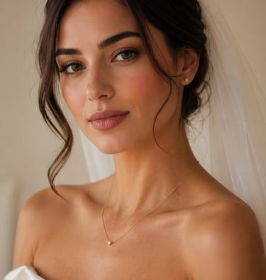 Minimalist bride wearing thin gold necklace and diamond stud earrings