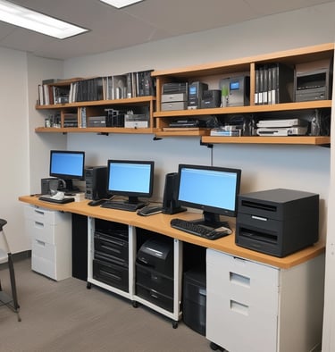A cozy display of gently-used electronics neatly arranged on a wooden shelf.