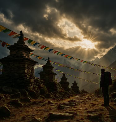 Trekker beside chortens and prayer flags on a Himalayan trail.